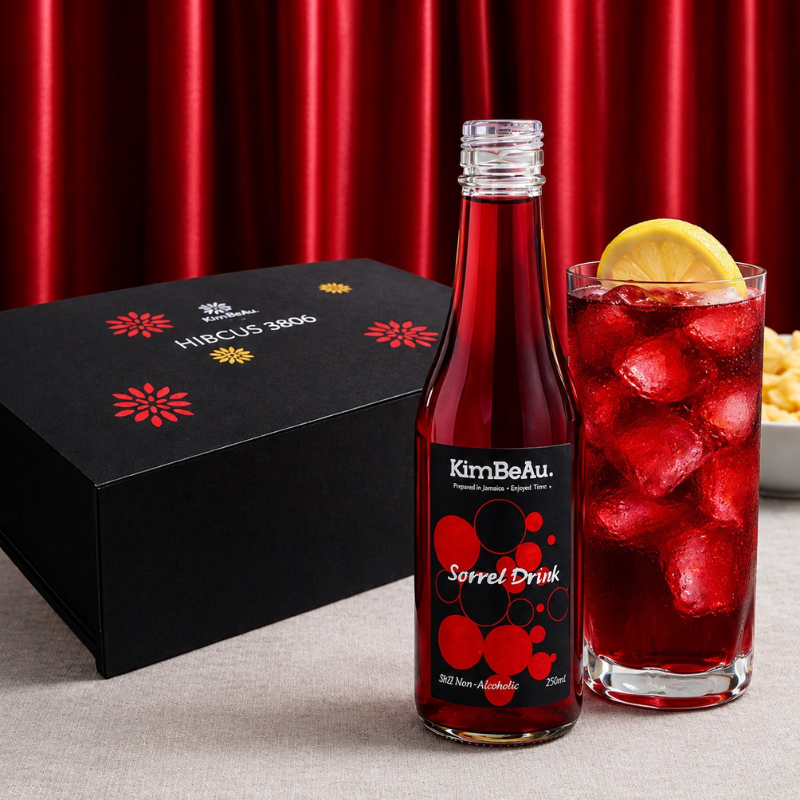 KimBeAu Sorrel Hibiscus Still Non-Alcoholic Drink 250ml bottle with iced glass and lemon slice on luxury table setting
