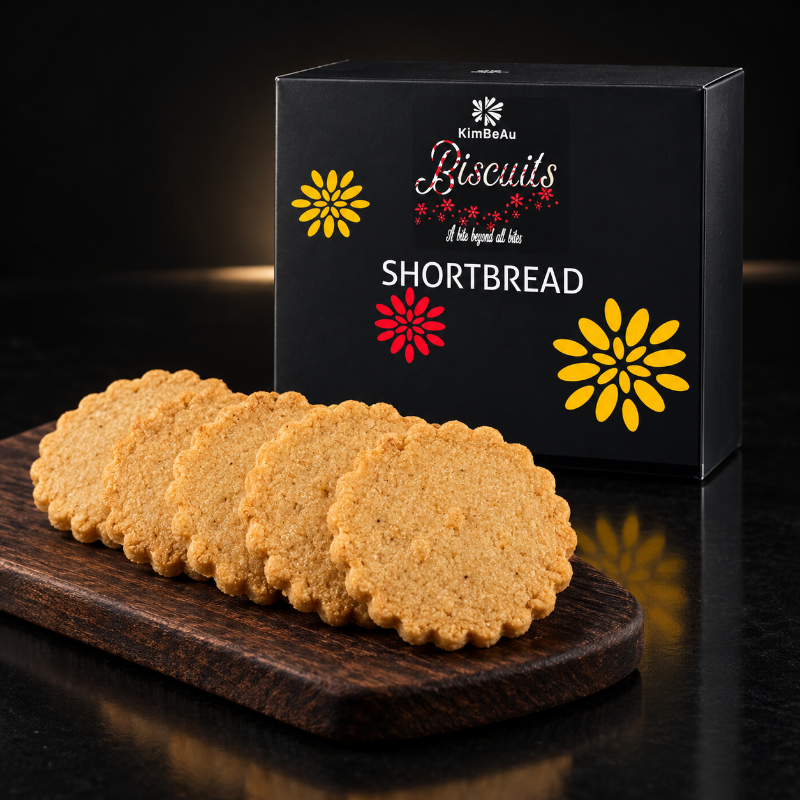 Premium KimBeAu Shortbread Biscuits photographed with the branded black biscuit box.