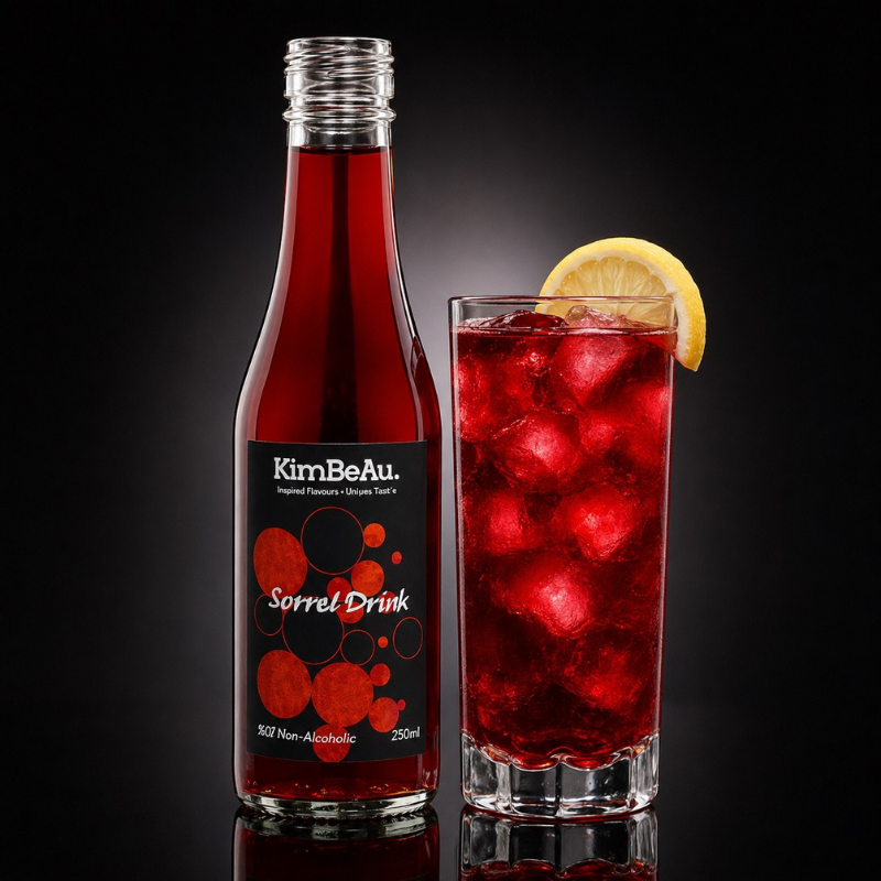 A bottle of KimBeau Sorrel Drink next to a tall glass filled with a red sorrel drink and ice, garnished with a lemon slice, on a black reflective background.