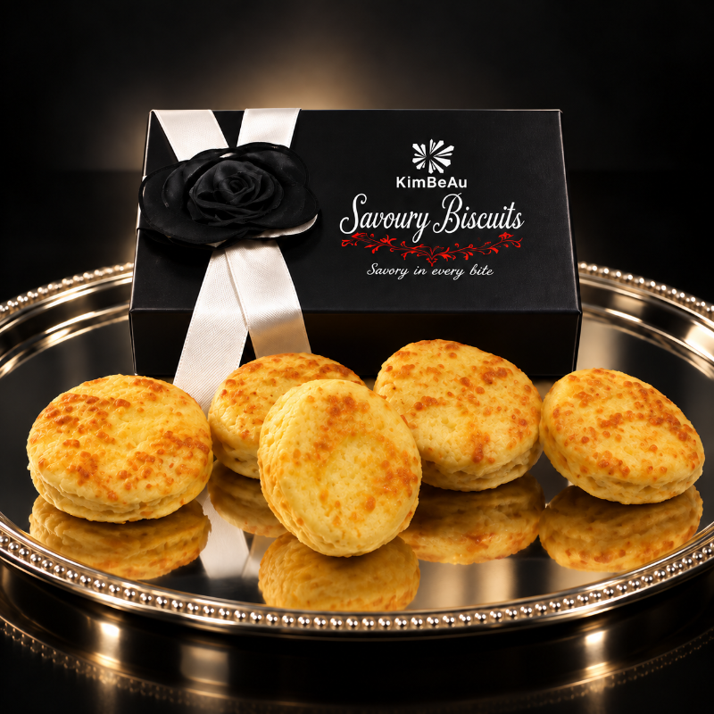Five golden-brown savoury biscuits arranged on a reflective silver tray in front of a black gift box labeled KimBeAu Savoury Cheese Biscuits with a black rose and white ribbon, against a dark background.