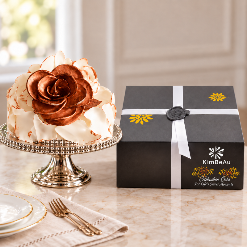 KimBeAu Small Celebration Cake with hand painted bronze decoration and premium black presentation box.
