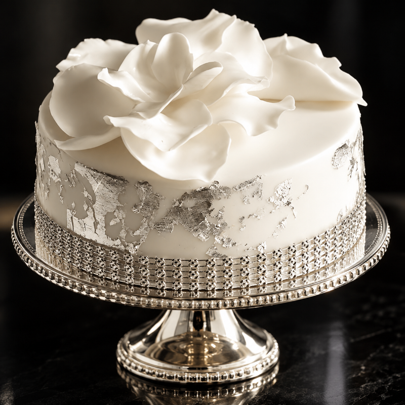 Small premium celebration cake by KimBeAu with sophisticated silver decoration.