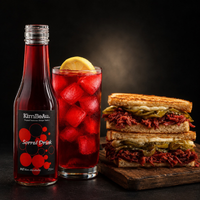 A bottle of KimBeau Sorrel Drink stands next to a tall glass of the red drink filled with ice cubes and a lemon slice, with a stacked grilled sandwich on a wooden board against a dark background.