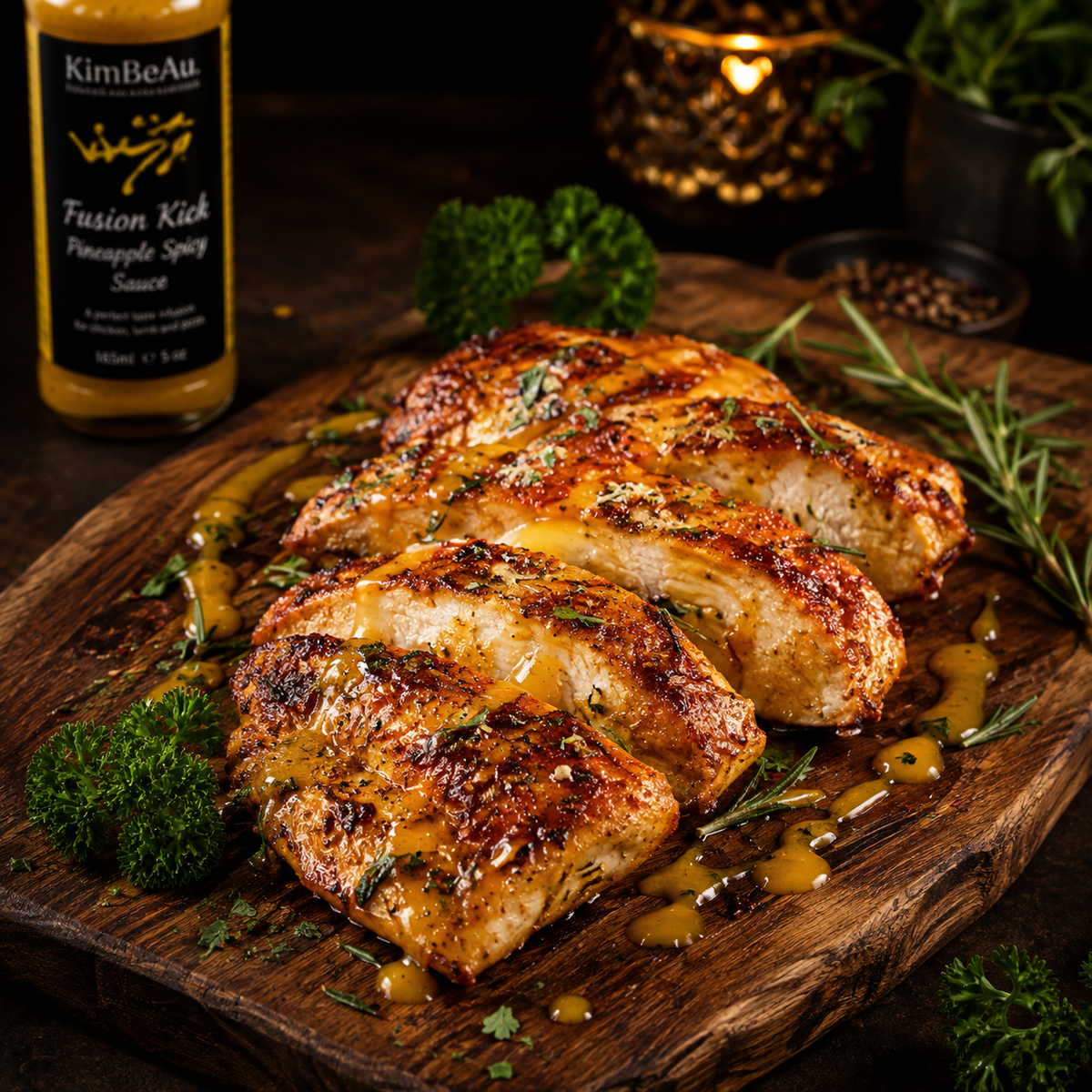 Buy Online Fine dining grilled chicken served with KimBeAu Fusion Kick Pineapple Spicy Sauce.