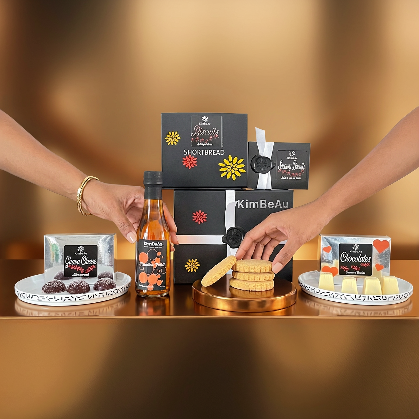 Premium food and drink hamper arranged in a stylish gift box.