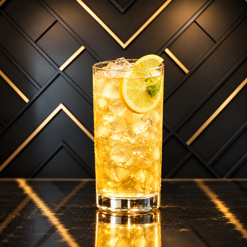 Refreshing KimBeAu Passion Fruit Non-Alcoholic Drink with ice and lemon garnish.