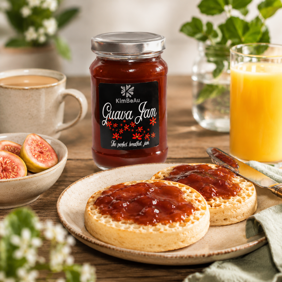 Buy online Elegant breakfast table featuring KimBeAu Guava Jam and fresh crumpets
