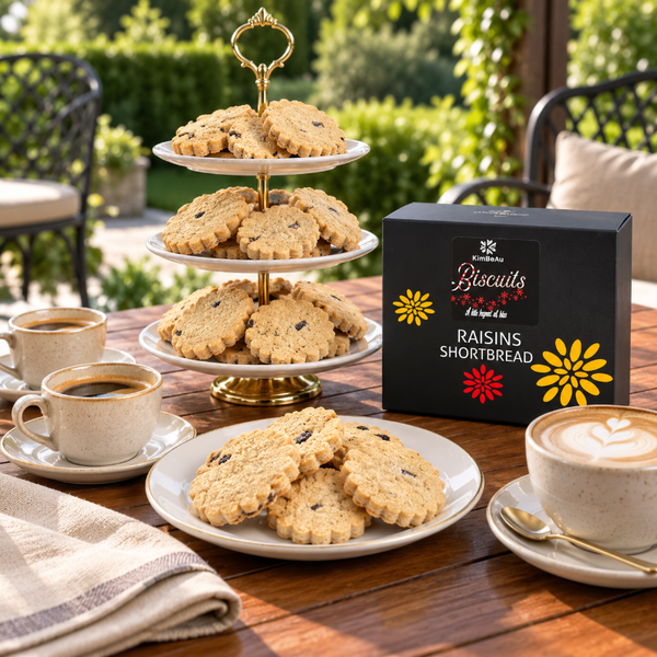 KimBeAu premium Raisin Shortbread Biscuits styled for luxury food gifting and afternoon tea.