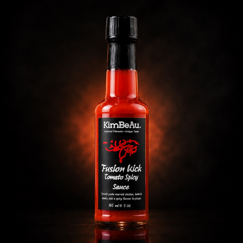 “Buy online, Kick up your meals with the bold and unique Fusion Kick Spicy tomato sauce" Purchase online KimBeAu