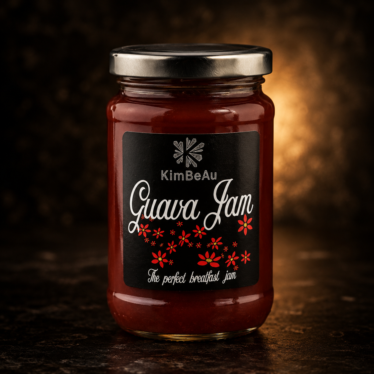 A glass jar of KimBeAu Guava Jam with a black label and silver lid, set against a dark, textured background with a warm light glow.