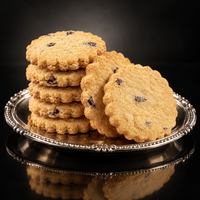 KimBeAu Raisin Shortbread Biscuits arranged on a decorative silver plate with reflective surface.
